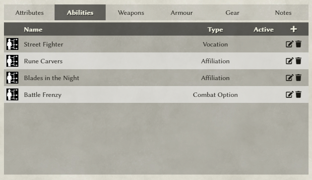 Tab showing abilities added to character sheet