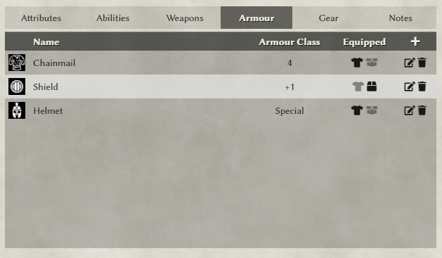 Tab showing armour added to character sheet