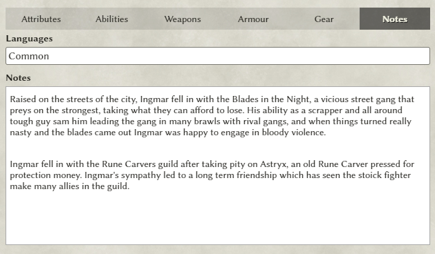 Tab showing gear added to character sheet