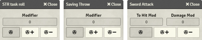 Saving Throw, Attribute Task Check and Attack dialogs
