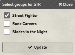 The select groups dialog showing active groups